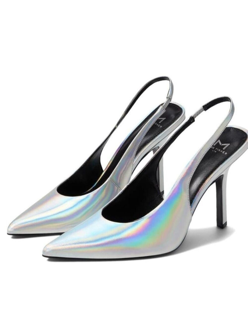 Marc Fisher Emalyn Pointed Toe Slingback Pumps in Patent Silver Leather - NWT
